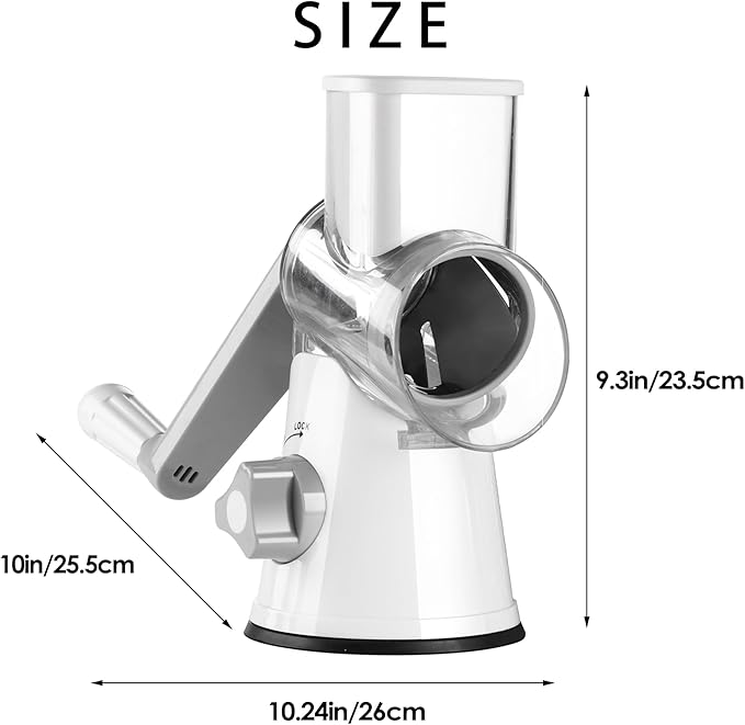 Ourokhome Rotary Cheese Grater Hand Crank, Kitchen Shredder Speed Mandolin Slicer Nuts Grinder with Handle and Drum Blades for Cheese, Vegetable, Walnuts, Chocolate, Potato, Carrot, 3 Blades, White - Image 7