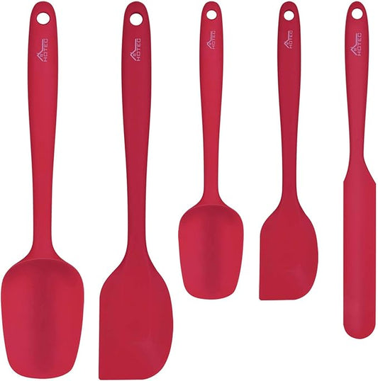 HOTEC Heat Resistant 600℉ BPA-Free Silicone Rubber Spatula Set, Kithchen Cooking Spatulas, Baking, Mixing, for Non Stick Cookware, Dishwasher Safe, Red Set of 5 by Hotec