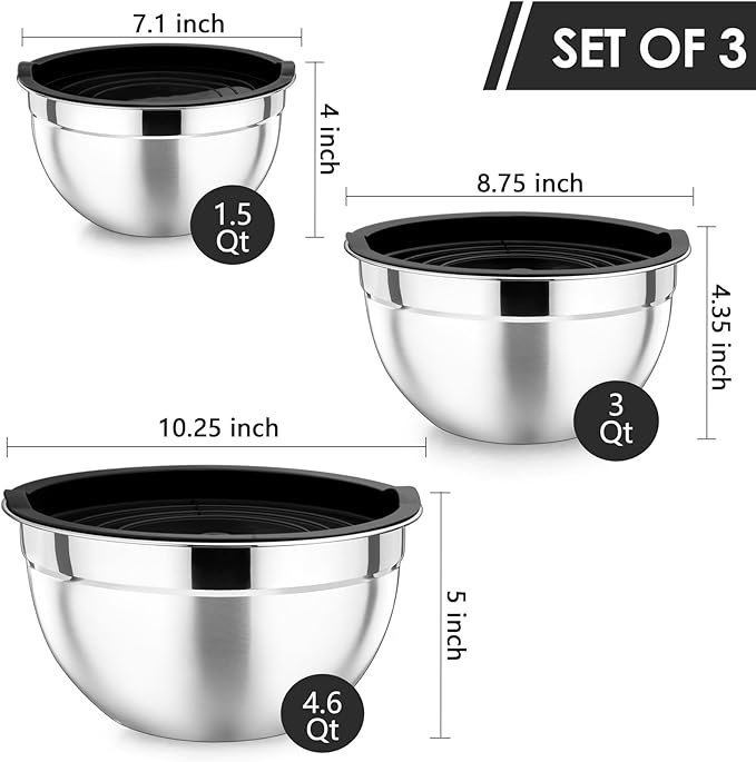 P&P CHEF Black Mixing Bowls with Lids, Set of 3, Stainless Steel Salad Nesting Bowl for Mixing, Storing, Prepping, Airtight & Stackable, Size 4.6/3 /1.5 QT - Image 2