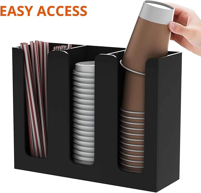 Richboom Acrylic Coffee Cup and Lid Storage Organizer Holder, 3 Compartments, Black - Image 3