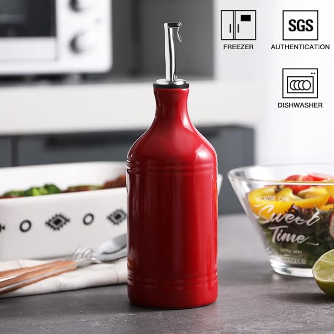 Sweejar Ceramic Olive Oil Dispenser Bottle, Opaque Oil Cruet Protects to Reduce Oxidation, Suitable for Storage Vinegar, Coffee Syrups & Other Liquids, Pack of 1, 15.5 Fl Oz(Red) - Image 2