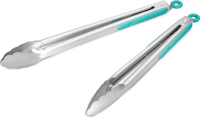 304 Stainless Steel Kitchen Cooking Tongs, 12" and 14" Set of 2 Sturdy Grilling Barbeque Brushed Locking Food Tongs with Ergonomic Grip, Aqua Sky by ALLWIN-HOUSEWARE