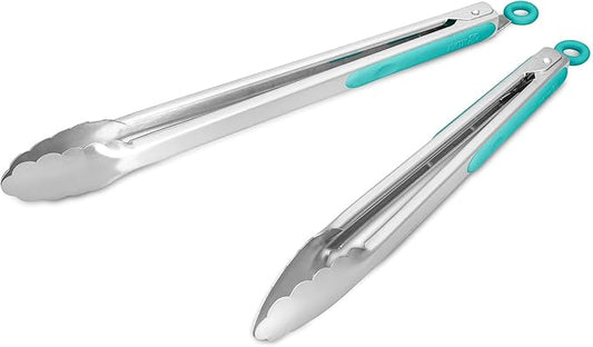 304 Stainless Steel Kitchen Cooking Tongs, 12" and 14" Set of 2 Sturdy Grilling Barbeque Brushed Locking Food Tongs with Ergonomic Grip, Aqua Sky by ALLWIN-HOUSEWARE