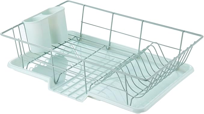 Sweet Home Collection Space-Saving 3-Piece Dish Drainer Rack Set: Efficient Kitchen Organizer for Quick Drying and Storage - Includes Cutlery Holder and Drainboard - Maximize Countertop Space, Mint by SweetHomeCollection