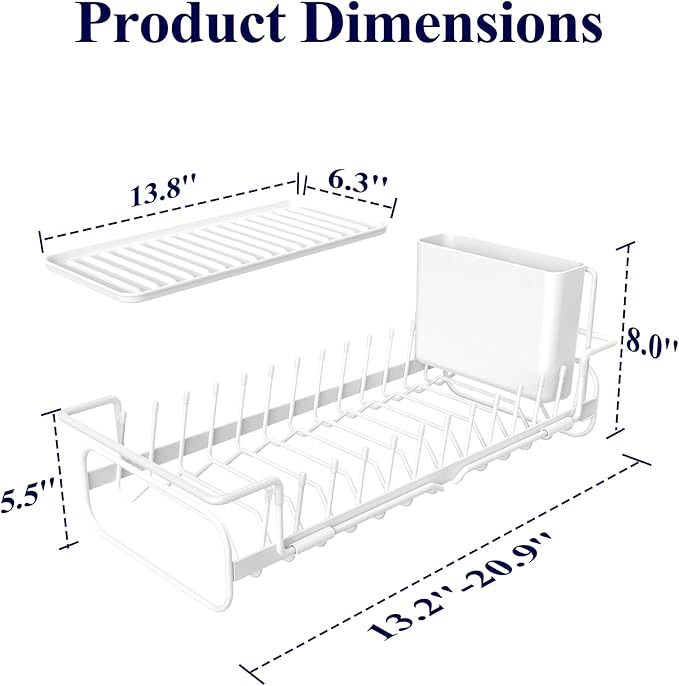 Kitsure Dish Drying Rack - Expandable Dish Rack for Kitchen Counter, Over Sink Or in Sink, Space-Saving Plates Dryer with Cutlery Holder & Drip Tray, 14.0"-20.9" L x 6.3" W x 8.0" H, White - Image 2