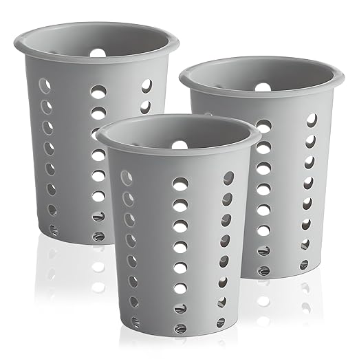 OCS Parts Perforated Utensil Drying Cups | Gray | Set of 3 | Plastic Flatware Holder Cylinders for Kitchen Counter Organization by OCSParts