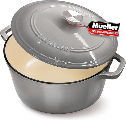 MUELLER HOME 7.5 QT Enameled Cast Iron Dutch Oven, Heavy-Duty, Oven-Safe up to 500° F & Across All Cooktops, Casserole Dish and Braiser Pan with Lid and Stainless Knob, Grey by MUELLERHOME