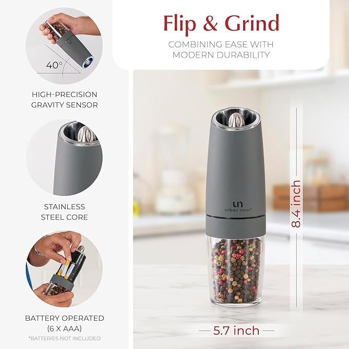 Urban Noon Gravity Salt and Pepper Grinder Set - Battery Operated Electric Grinders with Light (2 Matte Gray Mills) - Automatic One Handed Operation - Electronic Adjustable Shakers - Ceramic Grinders - Image 4