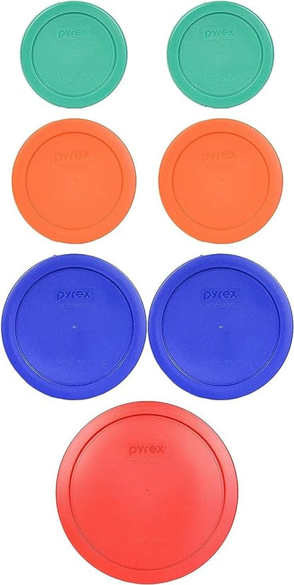 Pyrex (2) 7202-PC Green, (2) 7200-PC Orange, (2) 7201-PC Cobalt Blue, (1) 7402-PC Red Food Storage Lids - Made in USA - Image 2