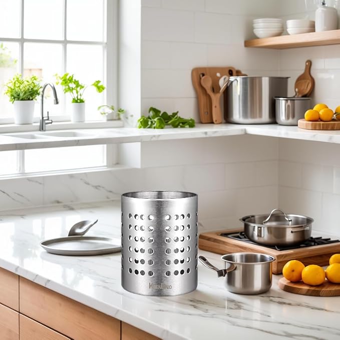 KSENDALO Small Stainless Steel Utensil Holder, SUS304 Silverware Utensil Drying Rack, Utility Sturdy Home Kitchen Daily Use Utensil Drainer for Countertop, Silver (5.32inch Tall) - Image 6