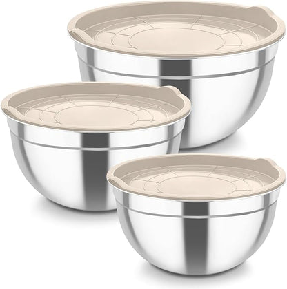 TeamFar Mixing Bowls, Stainless Steel Nesting Salad Bowls with Airtight Lids Set, For Serving/Mixing/Storing, Rust-proof & Heavy Duty, Dishwasher Safe, Set of 3-4.6/3 / 1.5 QT, Khaki by TeamFar