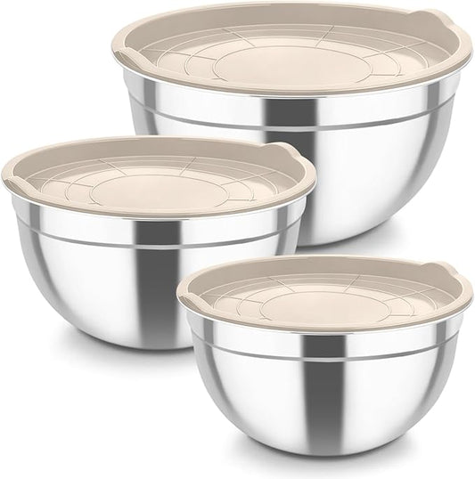 TeamFar Mixing Bowls, Stainless Steel Nesting Salad Bowls with Airtight Lids Set, For Serving/Mixing/Storing, Rust-proof & Heavy Duty, Dishwasher Safe, Set of 3-4.6/3 / 1.5 QT, Khaki by TeamFar