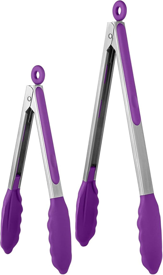600ºF Heat Resistant Kitchen Tongs: U-Taste 9+12 inch Silicone Cooking Tong Set with Firm Sealed Non Stick Rubber Tips and Silicon Coated 18/8 Stainless Steel Handle for Serving Grilling Salad(Purple) by U-Taste