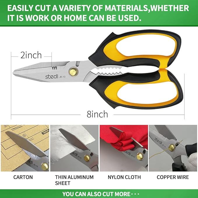 Stedi Scissors Heavy Duty 8-Inch,Multipurpose Scissors,Sharp Stainless Steel Shears with Serrated Edge & Protective Cover,Non-Slip Handle,Easy Cutting Cardboard, Carpet,Leather, Fabric, Wires, Yellow - Image 6