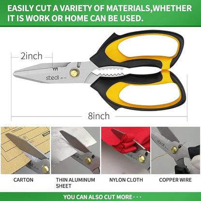Stedi Scissors Heavy Duty 8-Inch,Multipurpose Scissors,Sharp Stainless Steel Shears with Serrated Edge & Protective Cover,Non-Slip Handle,Easy Cutting Cardboard, Carpet,Leather, Fabric, Wires, Yellow - Image 6