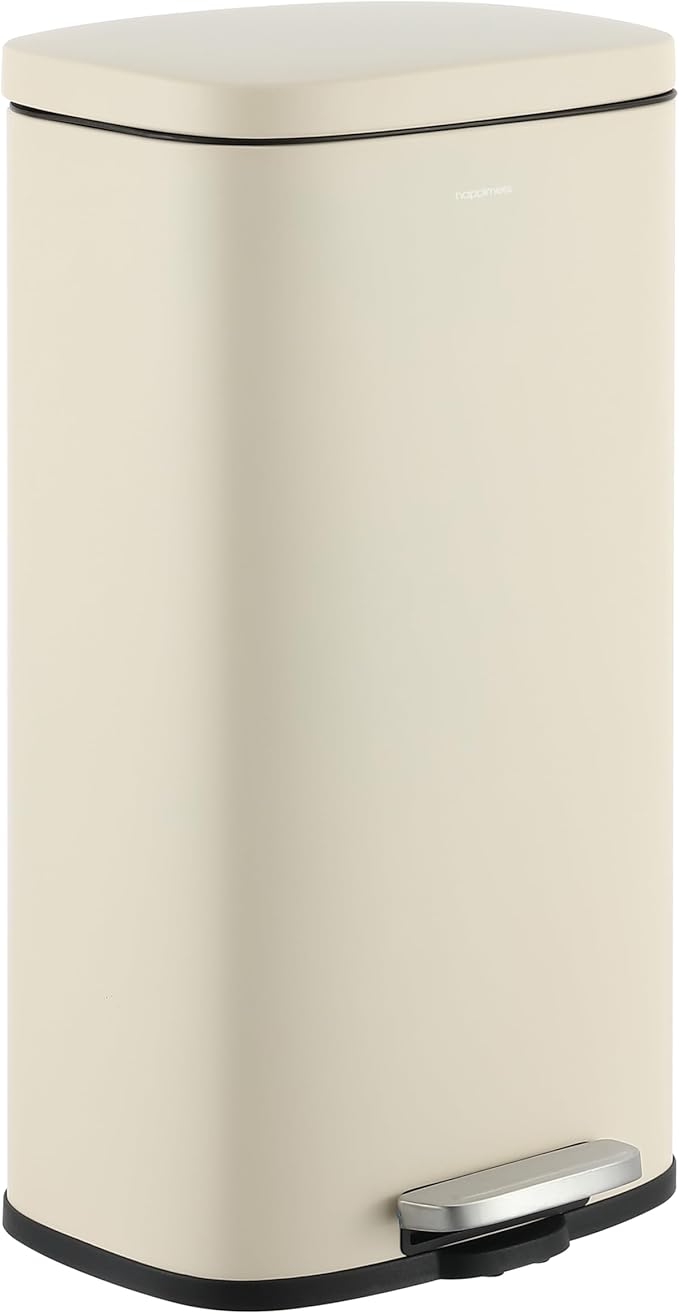 happimess HPM1011I Curtis 8-Gallon Step-Open Trash Can, Fingerprint Resistant, Modern, Minimalistic for Home, Kitchen, Laundry Room, Office, Bedroom, Bathroom, Limestone Beige by Happimess