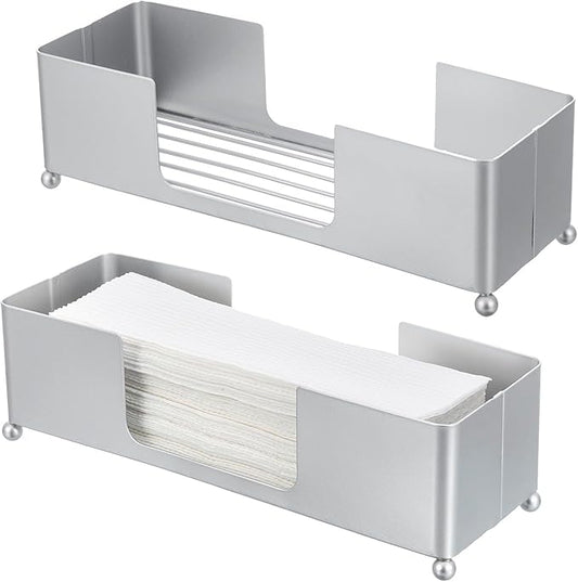 MyGift Modern Silver Tone Metal Countertop Folded Paper Towel Holders, Commercial and Guest Bathroom Sink or Vanity Table Disposable Napkin Storage Trays, Set of 2