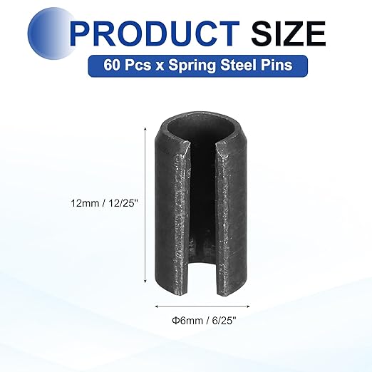MECCANIXITY 60Pcs Slotted Split Roll Pins 6/25 Inch(6mm) Dia. 12/25 Inch(12mm) Length 65Mn Steel Spring Tension Expansion Dowels for Secure Fastening, Black