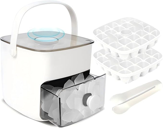 Ice Cube Tray with Lid & Bin Ice Maker Ice Trays for Freezer Ice Container- Reusable Ice Mold for Whiskey, Cocktail, Coffee, Beer Drinks with Ice Trays Ice Tongs (White)