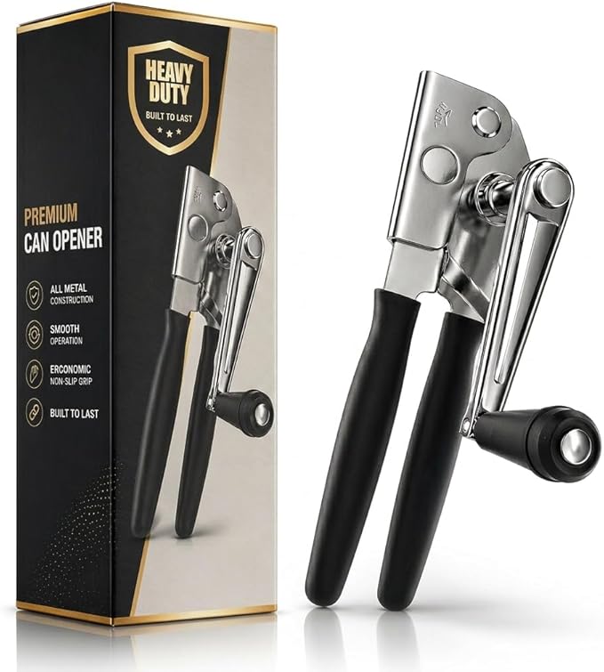 Heavy Duty Commercial Can Opener – Stainless Steel Can Opener for Large & Small Cans, Manual 360° Smooth Crank with Ergonomic Long Handles, Non-Slip Grip, 2-in-1 Bottle Opener for Restaurants & Home