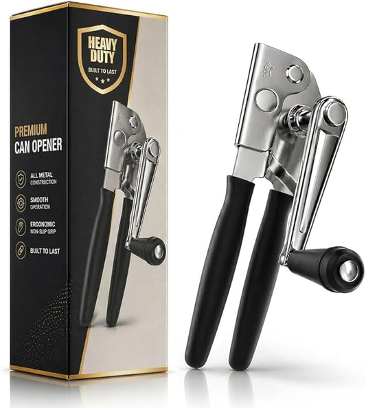 Heavy Duty Commercial Can Opener – Stainless Steel Can Opener for Large & Small Cans, Manual 360° Smooth Crank with Ergonomic Long Handles, Non-Slip Grip, 2-in-1 Bottle Opener for Restaurants & Home