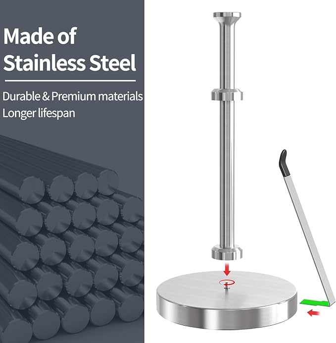 Jesginboo Brushed Nickel Paper Towel Holder for Kitchen, Stainless Steel Tension Arm for One-Handed Tear, Countertop Paper Towel Holder for Bathroom