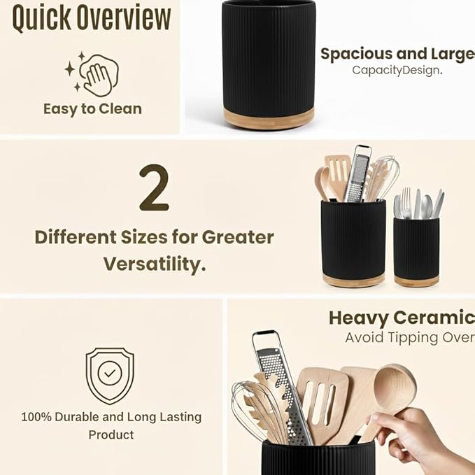 2 Pack Ceramic Utensil Holder, 7.3"+5.4" Large kitchen utensils holder for Countertop, 360° Rotating Cooking Utensil Crock for Kitchen Counter with Detachable Wooden Base, Kitchen Decor- Black - Image 6