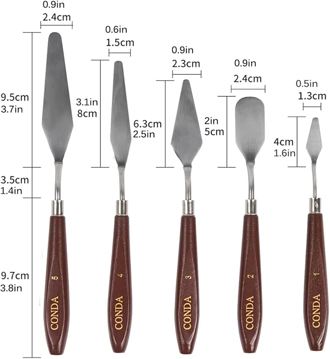 CONDA Palette Knife Painting Stainless Steel Spatula Palette Knife Oil Paint Metal Knives Wood Handle (Red 5 Piece) - Image 5
