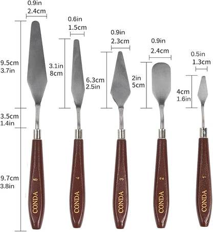 CONDA Palette Knife Painting Stainless Steel Spatula Palette Knife Oil Paint Metal Knives Wood Handle (Red 5 Piece) - Image 5