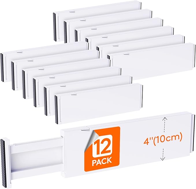 Lifewit 12 Pack 4" High Drawer Dividers 34-56cm/13.5-22" Adjustable Drawer Organizer for Clothes/Utensils, Expandable Drawer Separator in Dresser/Kitchen/Bedroom/Office Organization & Storage White by Lifewit