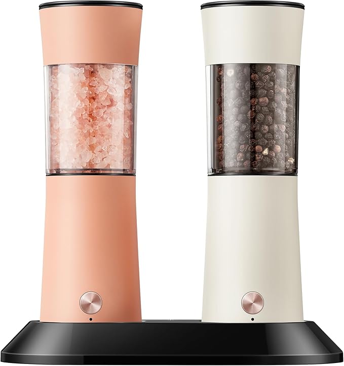 Gravity Electric Salt and Pepper Grinder Set with USB-C Charging Base,Rechargeable Automatic Stainless Steel Pepper Mill Grinder with LED Light, 2pack+Peach Orange (Peach Orange +Buttercream)