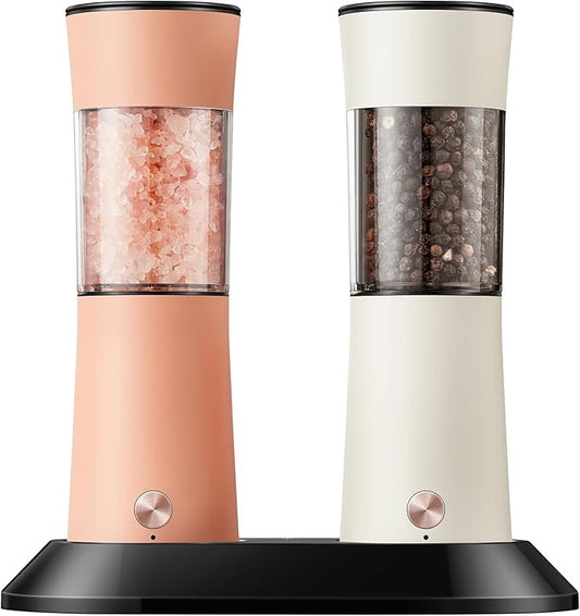 Gravity Electric Salt and Pepper Grinder Set with USB-C Charging Base,Rechargeable Automatic Stainless Steel Pepper Mill Grinder with LED Light, 2pack+Peach Orange (Peach Orange +Buttercream)