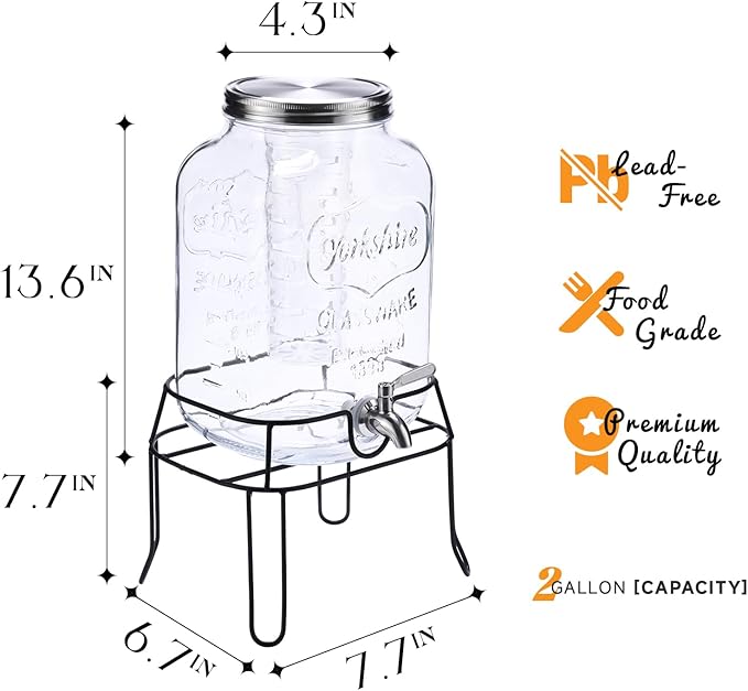 2 Gallon Glass Drink Dispenser,Beverage Dispenser with Stand,Lemonade Dispenser with 304 Stainless Steel Spigot Leakproof for Entertaining Guests, Picnic,Hosting Parties
