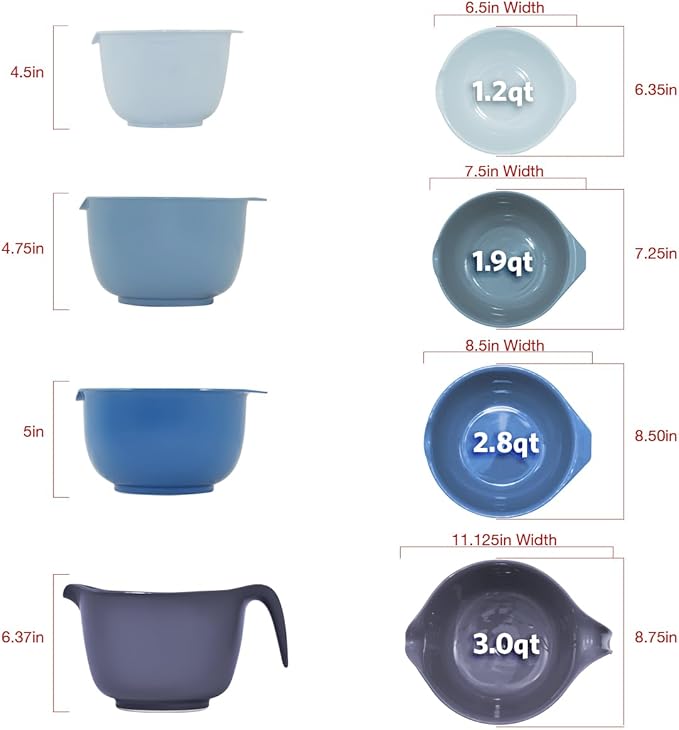 Glad Mixing Bowls with Pour Spout, Set of 4 - Nesting Plastic Bowls (1.2qt, 1.9qt, 2.8qt, and 3qt with Handle) - Non Slip Base, Dishwasher Safe Kitchen Cooking and Baking Supplies, Blue - Image 5