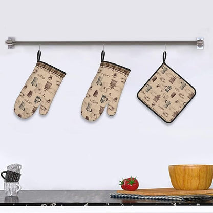 Vintage Coffee Themed Oven Mitts Heat Resistant,Vintage Pot Holder and Oven Mitts Set of 3 for Baking Cooking Grilling BBQ,Housewarming Gifts & Baking Gifts for Women Coffee Lover