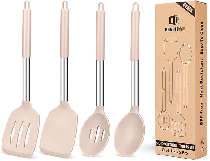 Pack of 4 Silicone Cooking Utensils Set, Non Stick Large Solid Spatulas, Heat Resistant Stainless Steel Khaki Slotted Spoons, Ideal BPA Free Kitchen Turners for Frying, Mixing,Serving,Draining,Turning by BUNDLEPRO