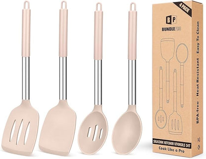 Pack of 4 Silicone Cooking Utensils Set, Non Stick Large Solid Spatulas, Heat Resistant Stainless Steel Khaki Slotted Spoons, Ideal BPA Free Kitchen Turners for Frying, Mixing,Serving,Draining,Turning by BUNDLEPRO
