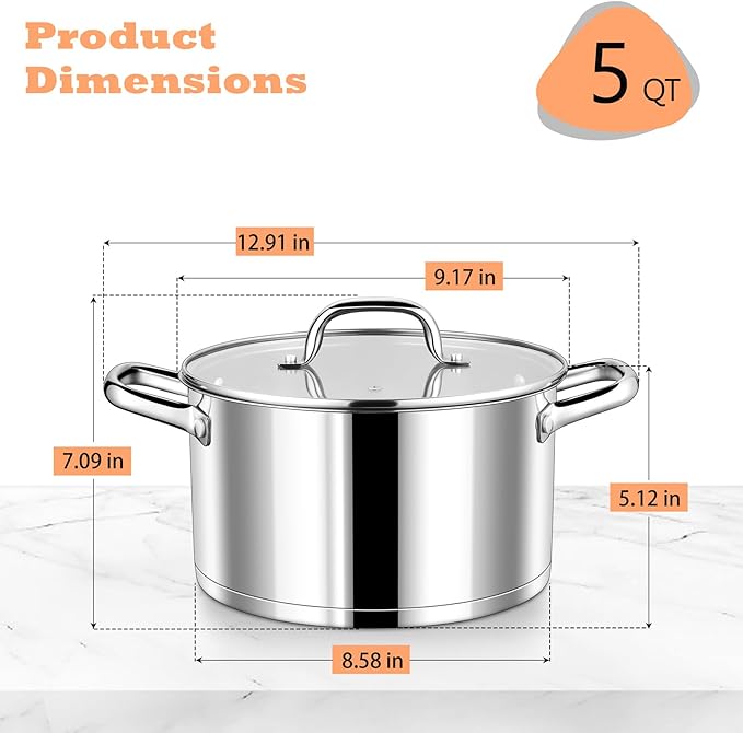 P&P CHEF 5 Quarts Cooking Stock Pot with Lid, Stainless Steel Stockpot Induction Pot for Soup, Tri-Ply Bottom & Clear Glass Lid & Double Handle, Dishwasher Safe - Image 2