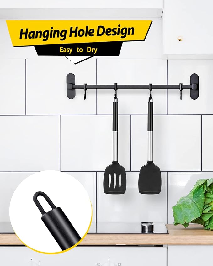 Pack of 2 Silicone Solid Turner, Non Stick Slotted Kitchen Spatulas, High Heat Resistant BPA Free Cooking Utensils, Ideal Cookware for Fish, Eggs, Pancakes(Black) - Image 6