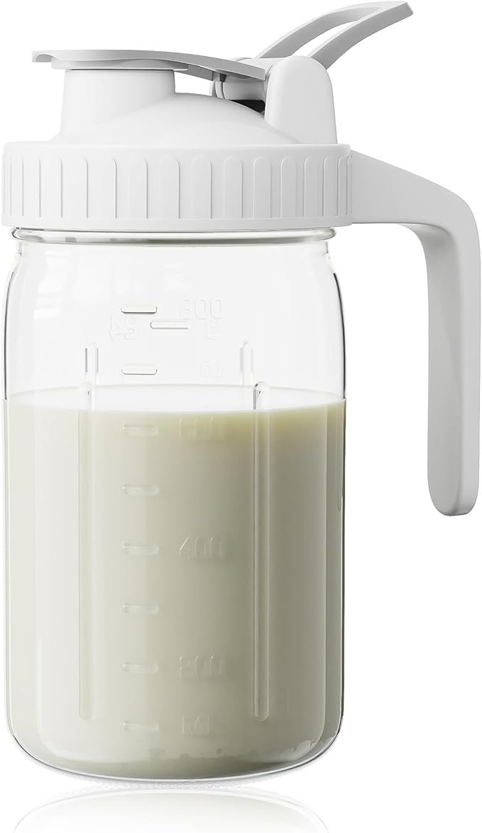 Breast Milk Pitcher, Mason Jar 32 oz, Heavy Duty Wide Mouth Jar with White Flip Cap Lid and Pour Spout, Airtight Seal for Freshness and Convenience, Formula Pitcher Great for Cold Beverages by OneDream