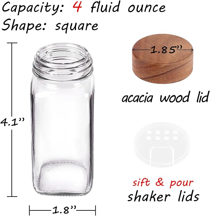 Churboro 48 Spice Jars with 547 Labels and Shaker Lids - Glass - 4 Oz Square Containers with Acacia Wood Lids, Chalk Pen, Funnel Seasoning Jars for Spice Rack, Cabinet, or Drawer - Image 2