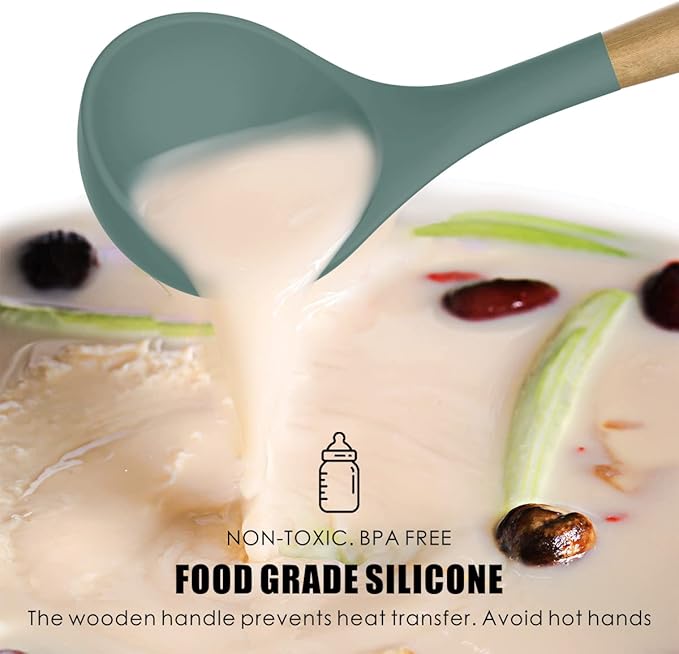 Silicone Cooking Utensils Set - 446°F Heat Resistant Silicone Kitchen Utensils for Cooking,Kitchen Utensil Spatula Set w Wooden Handles and Holder, BPA FREE Gadgets for Non-Stick Cookware (Colorful) - Image 5