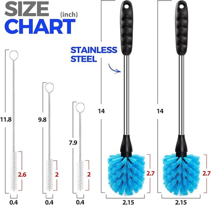 Holikme 5 Pack Bottle Brush Cleaner Set, 14" Long Handle Stainless Steel Bottle Cleaner Brush, 3 Straw Brushes, Bottle Cleaning Brush for Water Bottle, Cups, Baby Bottle, Straws Blue - Image 2