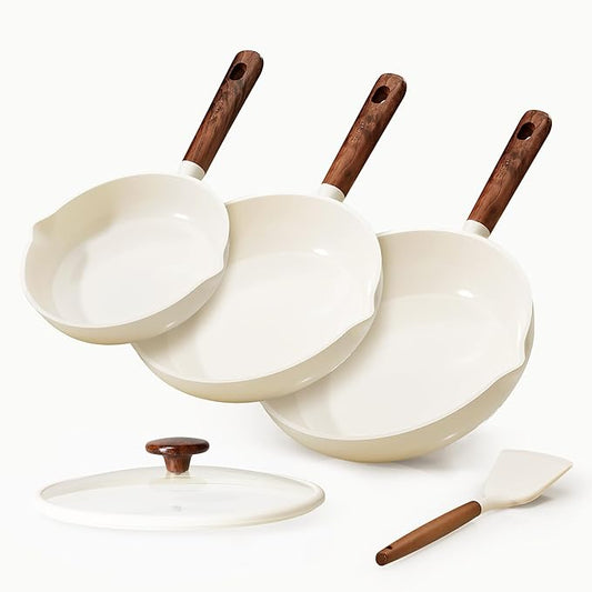 CAROTE Nonstick Frying Pans Skillets, Ceramic Coating Non-Stick Frying Pans Set, 5 PCS, Non-toxic Healthy & PFOA Free, Induction Compatible, 8+9.5+11 Inch with Colander Lid and Spatula, Cream White by CAROTE