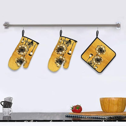 Sunflower Oven Mitts and Pot Holders Sets, Heat Resistant Gold Kitchen Oven Glove for Kitchen BBQ Baking Grilling Cooking, Sunflower Gifts for Women Cooks Bakers Cooking Lover - Image 6