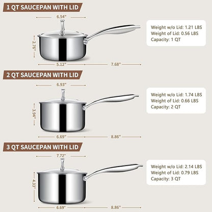 EWFEN 3 Ply Stainless Steel Sauce Pan Set with Lids, 1 & 2 & 3 Quart Multipurpose Cooking Pot, Stay-Cool Handle, Induction Oven Dishwasher Safe, 1QT & 2QT & 3QT - Image 2