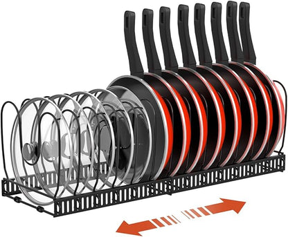 Housolution Pot and Pan Organizer Rack for Cabinet, Expandable Pot Lid Organizer Holder with 14 Adjustable Dividers, Fully Expanded Size 22.83" W x 7.09" D x 7.09" H, Black by Housolution