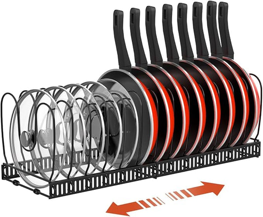 Housolution Pot and Pan Organizer Rack for Cabinet, Expandable Pot Lid Organizer Holder with 14 Adjustable Dividers, Fully Expanded Size 22.83" W x 7.09" D x 7.09" H, Black by Housolution