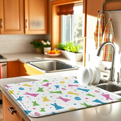 Easter Dish Drying Mat for Kitchen Counter 18" X 24" Microfiber Absorbent, Small & Compact Red Kitchen Draining Mat for Countertops Dish Drainer Mat Drying Pad Foldable Utensils, and Cookware - Image 2
