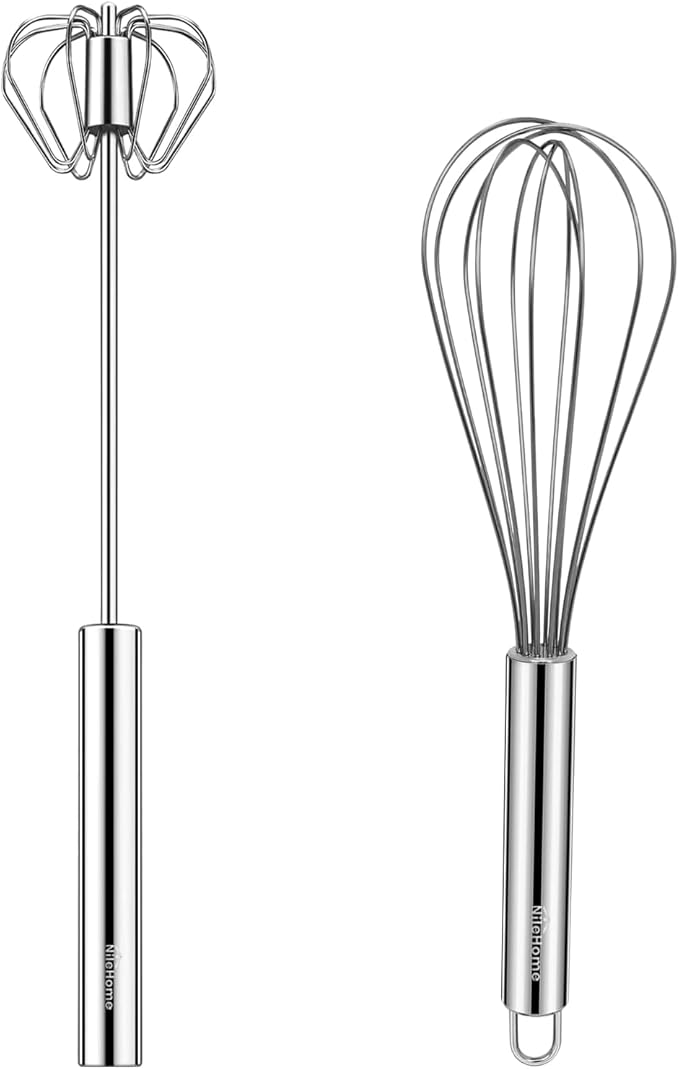 NileHome Stainless Steel Whisk 8" Hand Blender + 10" Semi-Automatic Rotary Kitchen Whisk Kitchen Wisk Wire Whisks for Cooking, Whisking, Blending, Beating, Stirring- 2 Pack... by NileHome